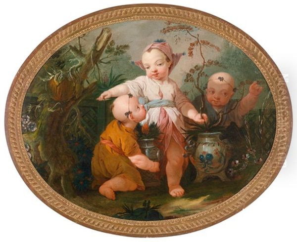 Zwei Chinoiserien Mit Spielenden Kindern (pair) Oil Painting by Hugues Taraval