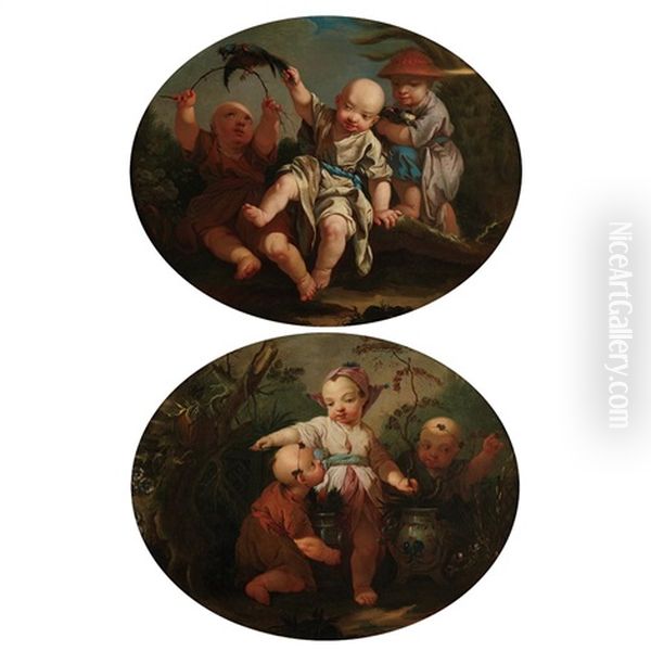 Chinoiserie Scenes Of Children At Play (2 Works) Oil Painting by Hugues Taraval