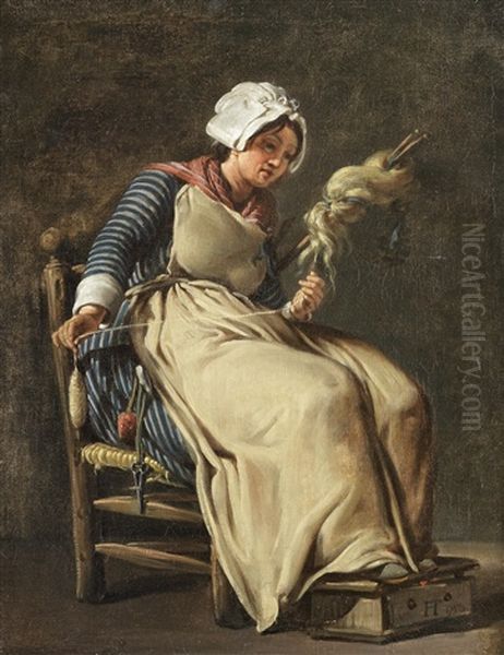 A Kitchen Maid Knitting Oil Painting by Hugues Taraval