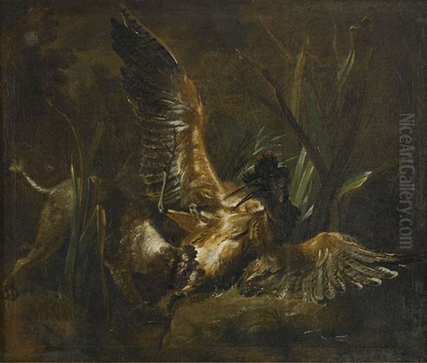 Pudel I Strid Med Rordrom (after Jean Baptiste Oudry) Oil Painting by Hugues Taraval