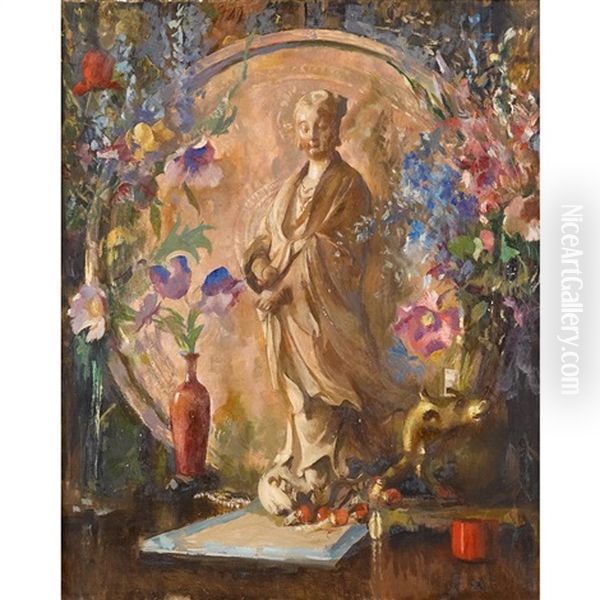 Still Life With Flowers And Statue Oil Painting by Edmund Charles Tarbell