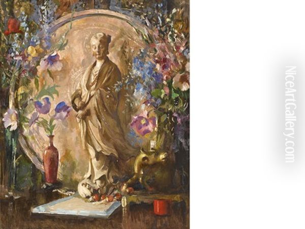 Still Life With Flowers And Oriental Statue Oil Painting by Edmund Charles Tarbell