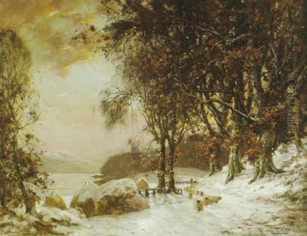 A Winter Landscape At Sunset, Strathway Oil Painting by J.A. Henderson Tarbet