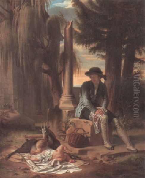 A Child Suckling A Goat With A Seated Traveller Oil Painting by Jean Charles Tardieu