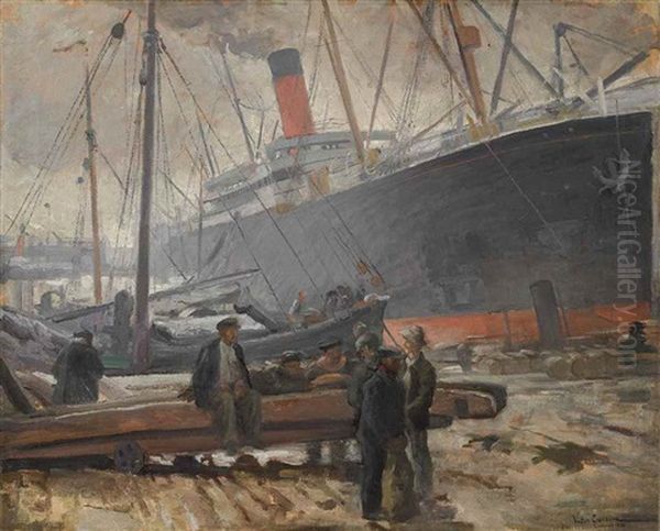 Oceanliner And Dockers In Liverpool Oil Painting by Victor Francois Tardieu