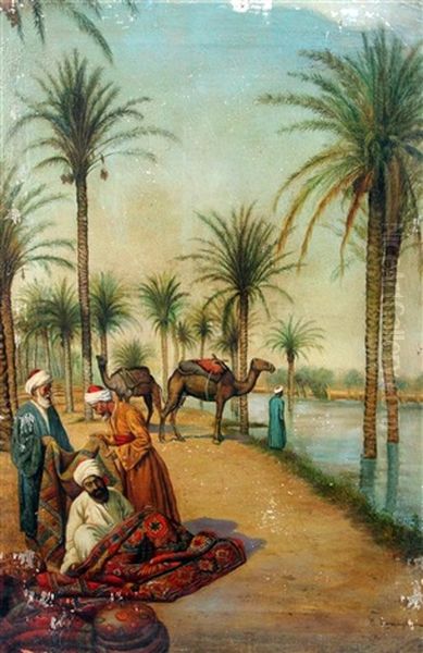 Arabs And Camels Beside The Nile Oil Painting by Enrico Tarenghi