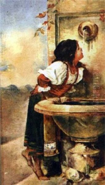 Girl At A Well Oil Painting by Enrico Tarenghi