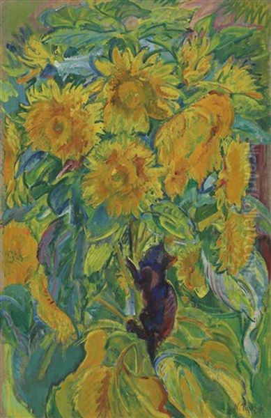 Sunflowers With Kitten Oil Painting by Nikolai Aleksandrovich Tarkhov