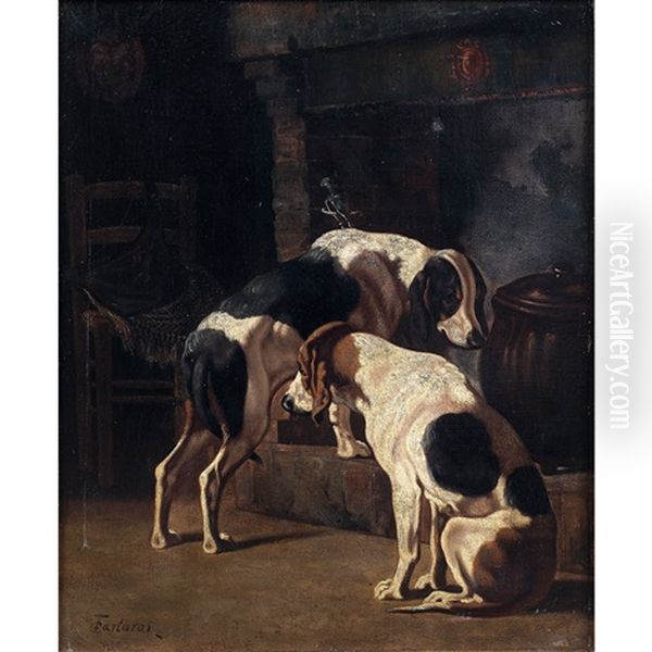 Chiens De Chasse Devant La Cheminee Oil Painting by Georges Emmanuel Oscar Tartarat