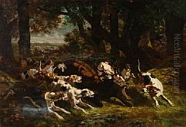 A Hubertus Hunting Oil Painting by Georges Emmanuel Oscar Tartarat