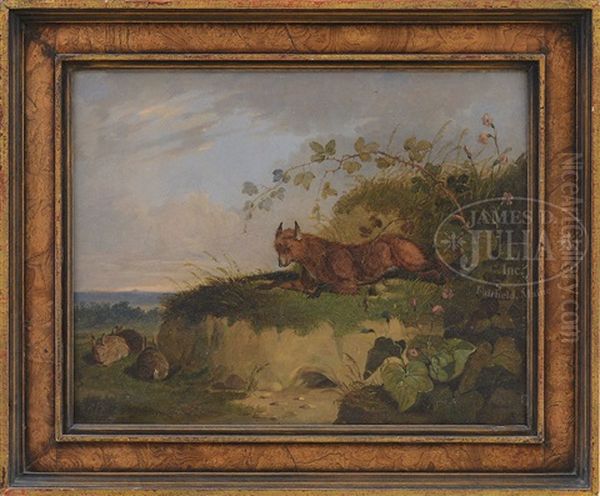 Fox And Rabbits In A Landscape Oil Painting by William Tasker