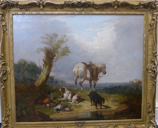 The Day's Bag - A Horse And Dogs With The Kill Beside A Lake Oil Painting by William Tasker