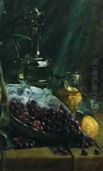 Still Life With Grapes, Glass And Pitcher On A Table by Jules Tasquin