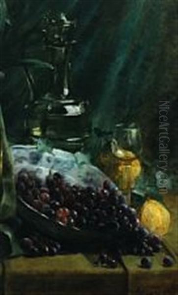 Still Life With Grapes, Glass And Pitcher On A Table Oil Painting by Jules Tasquin