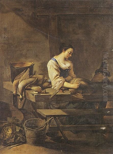 Jeune Femme Plumant Une Volaille Dans Un Interieur De Cuisine Oil Painting by Jean Tassel