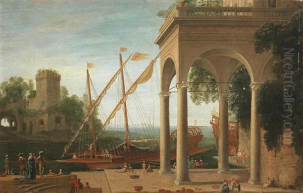 A Mediterranean Port With Stevedores Loading Barges Oil Painting by Agostino Tassi