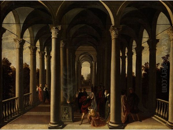 Architekturansicht Mit Opferszene Und Bestrafung Oil Painting by Agostino Tassi