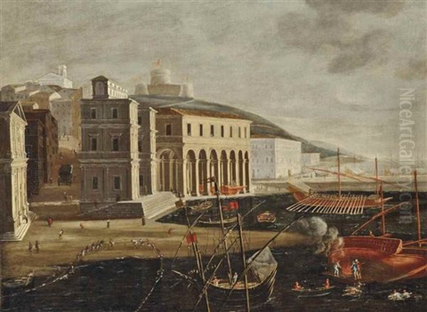 A Mediterranean Harbour Scene With Fishermen Pulling In Their Nets Oil Painting by Agostino Tassi