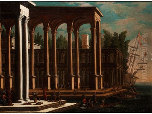 Architektur-capriccio Mit Schiffen Und Figuren Oil Painting by Agostino Tassi