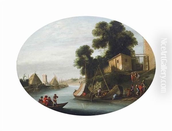 A River Landscape With A Ferry Crossing And Boat Builders At Work On The Bank Oil Painting by Agostino Tassi