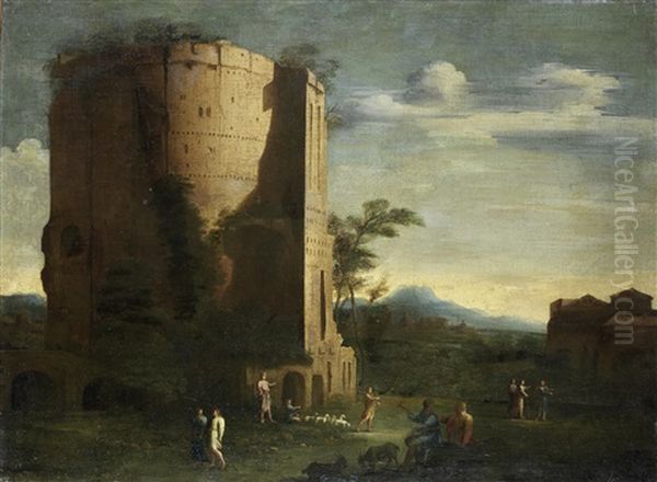 A Classical Capriccio With A Shepherd Tending His Flock And Other Figures Before The Mausoleum Of Cecilia Metella Oil Painting by Agostino Tassi