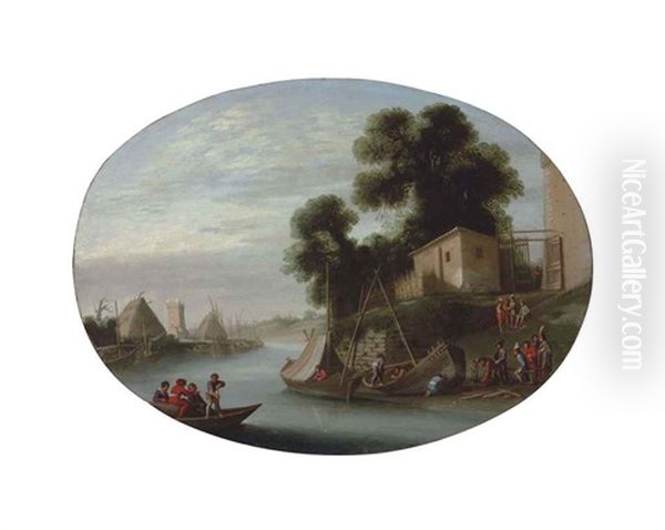 A River Landscape With A Ferry Crossing And Boat Builders At Work On The Bank Oil Painting by Agostino Tassi