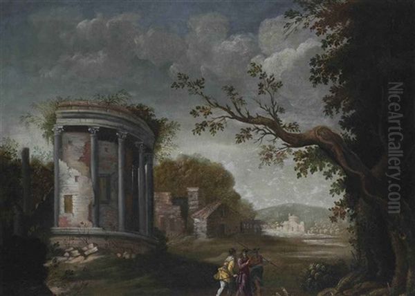 An Italianate Landscape With Figures Conversing By Classical Ruins Oil Painting by Agostino Tassi