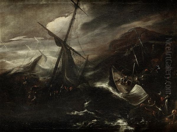 A Stormy Coastline With Ships Foundering On Rocks; And A Stormy Coastline With A Shipwreck In The Foreground (pair) Oil Painting by Agostino Tassi