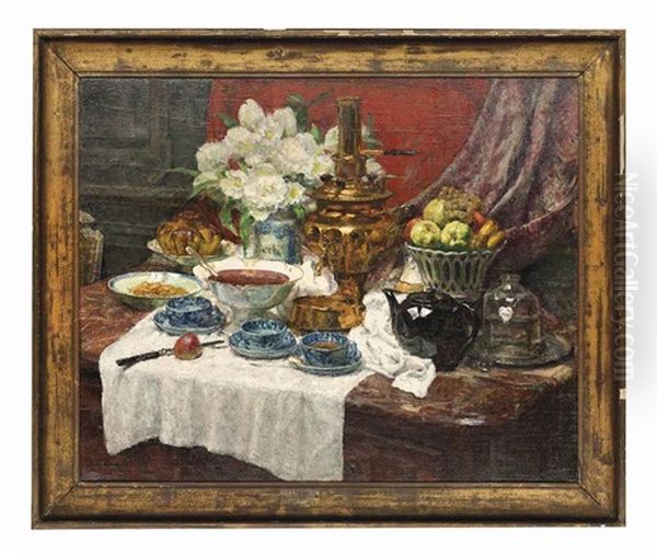 A Samovar With Fruit And Flowers Oil Painting by Pierre Maurice Eugene Tastemain