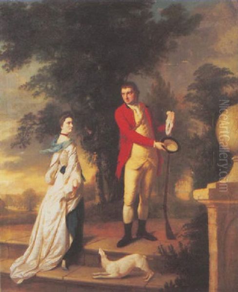 Portrait Of A Lady And A Gentleman In A White Dress With A Blue Scarf And Skirt, And In Scarlet Hunt Coat, Respectively, A Landscape Beyond Oil Painting by William Tate