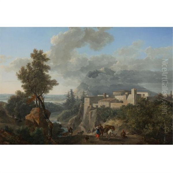 A View Near Messina, With Peasants And Animals Along A Path And A View Of A Fortified Town Beyond Oil Painting by Nicolas Antoine Taunay