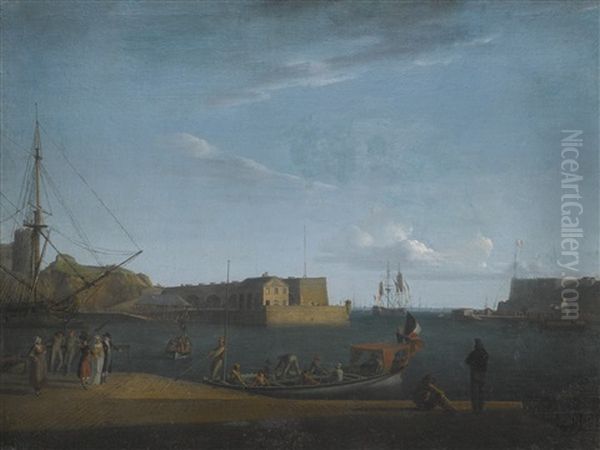 View Of A Mediterranean Harbour With Figures On The Quay And In A Canopied Boat Oil Painting by Jean Jacques Francois Taurel