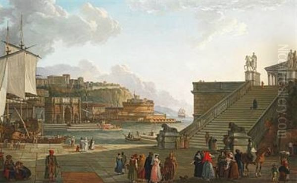 A Mediterranian Port With An Architectural Capriccio Of Motifs From The Roman Antiquity Oil Painting by Jean Jacques Francois Taurel