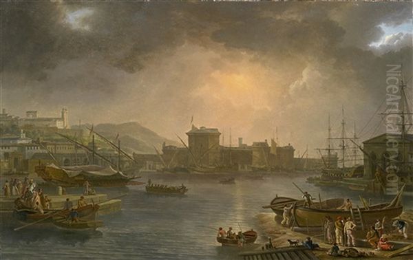 Sudlicher Seehafen Mit Angelandeter Galeere Und Ankommenden Reisenden Oil Painting by Jean Jacques Francois Taurel