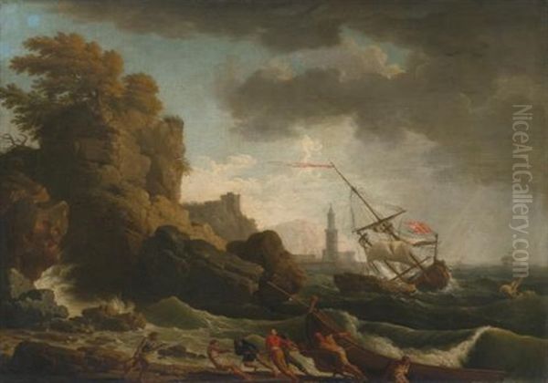 Seascape In A Storm With A Shipwreck Along A Rocky Coast Oil Painting by Jean Jacques Francois Taurel