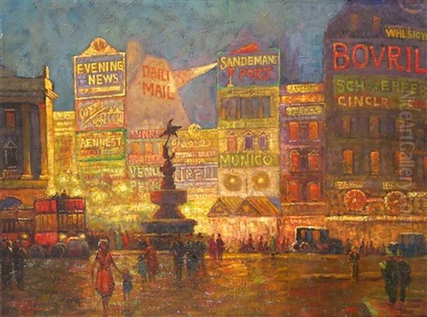 Piccadilly Circus At Night Oil Painting by Frederick Lawrence Tavare