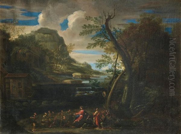 A Mountainous Wooded Landscape With Christ Preaching In A Carved Frame Oil Painting by Carlo Antonio Tavella