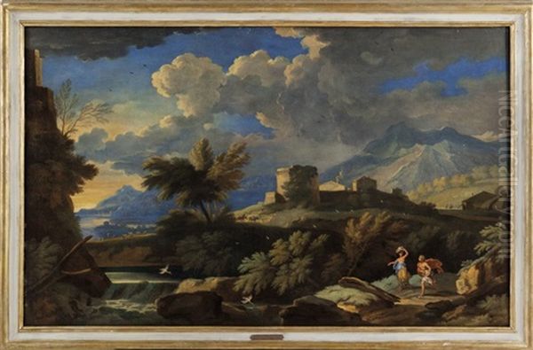 Paesaggio Fluviale Con Figure E Rocca Sul Fondo Oil Painting by Carlo Antonio Tavella