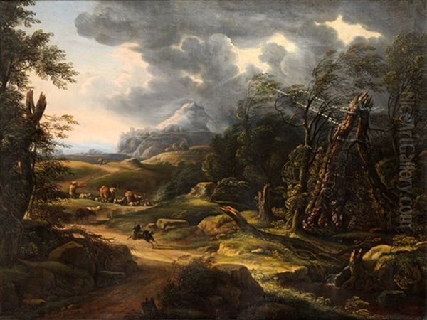 Gewittrige Landschaft Mit Hirte Und Herde Oil Painting by Carlo Antonio Tavella