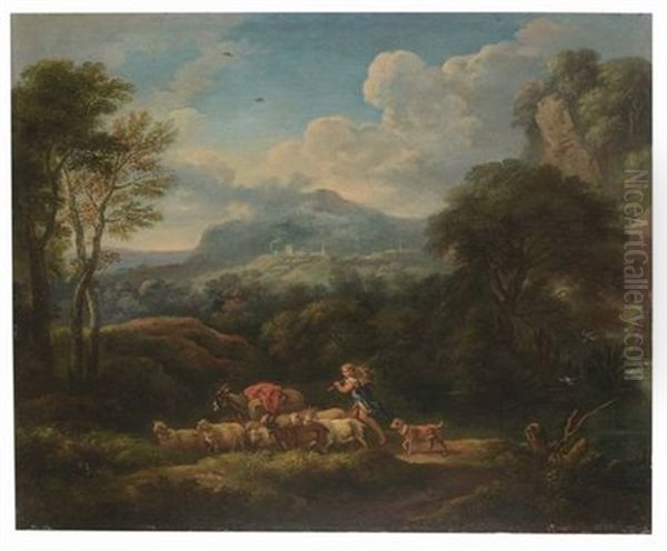 Paesaggio Con Pastorelle Oil Painting by Carlo Antonio Tavella