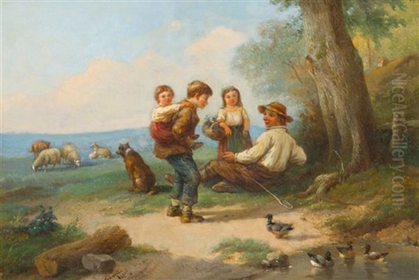 Hirte Mit Kindern Am Teichufer Oil Painting by Robert Tavelle