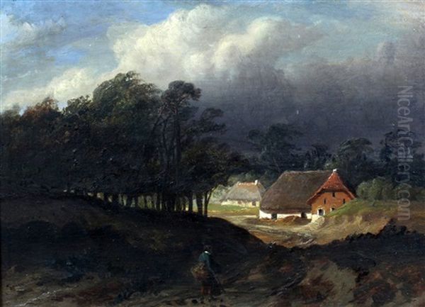 Wandelaarster Op Weg Naar Een Boerenhoeve Onder Een Opkomend Onweer Oil Painting by Johannes (Jan) Tavenraat