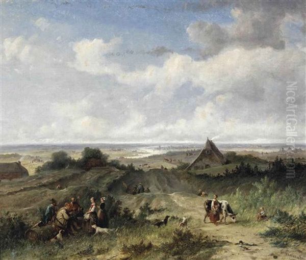 A Panoramic River Landscape With Figures Conversing In The Foreground Oil Painting by Johannes (Jan) Tavenraat