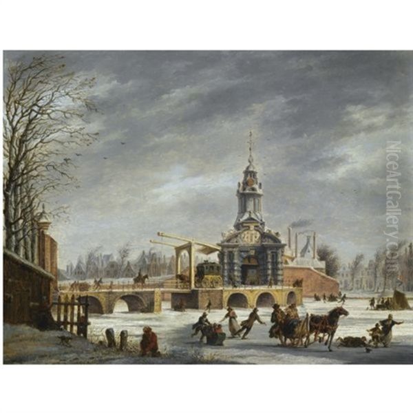 Skaters Near The Haarlemmer Poort, Amsterdam Oil Painting by Johannes (Jan) Tavenraat