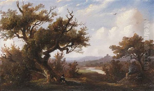 A Figure Resting In The Shade Of A Large Oak Tree Oil Painting by Johannes (Jan) Tavenraat