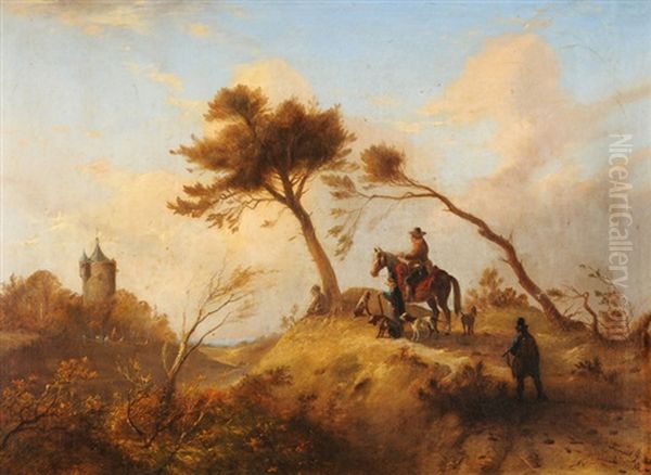 Jagdgesellschaft In Landschaft Oil Painting by Johannes (Jan) Tavenraat