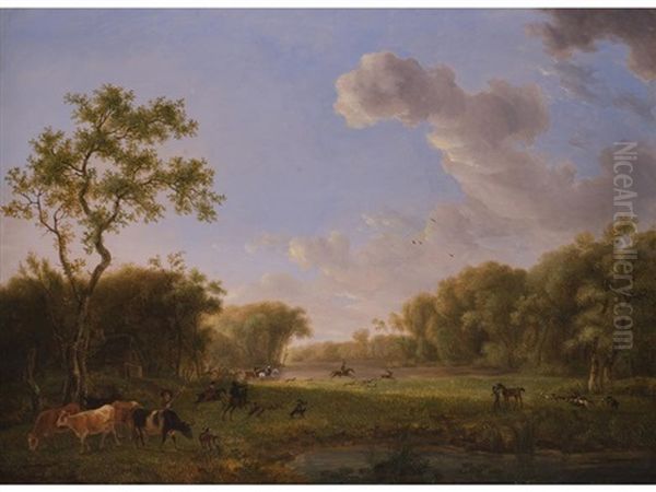 Landschaft Mit Jagdreitern Und Einem Jungen Kuhhirten Oil Painting by Johannes (Jan) Tavenraat