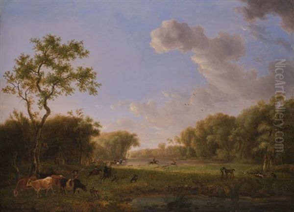 Landschaft Mit Jagdreitern Und Einem Jungen Kuhhirten Oil Painting by Johannes (Jan) Tavenraat