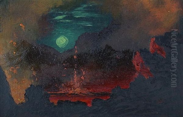 Nocturne Volcano Scene Oil Painting by Jules Tavernier