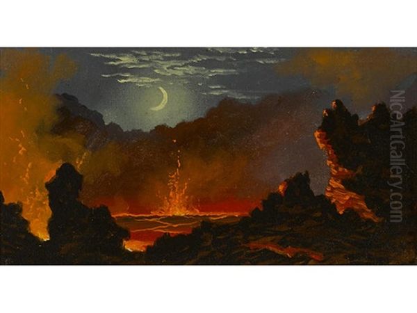 Volcanic Crater Beneath A Crescent Moon Oil Painting by Jules Tavernier